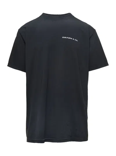 Shop Cultura Black Crewneck T-shirt With  & Co Print In Jersey Man