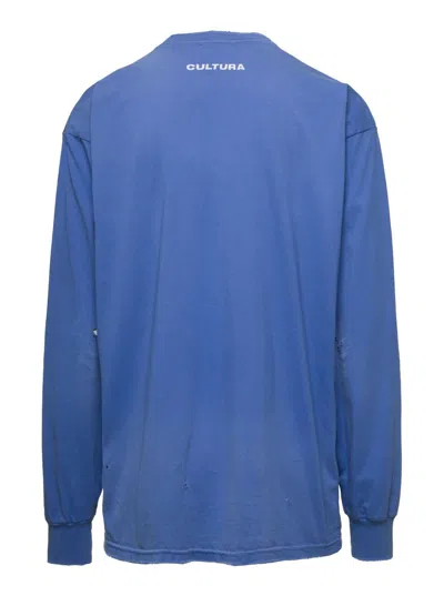 Shop Cultura Blue Crewneck Sweatshirt With Contrasting Cltr Print In Jersey Man