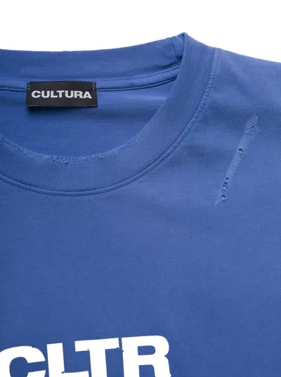 Shop Cultura Blue Crewneck Sweatshirt With Contrasting Cltr Print In Jersey Man
