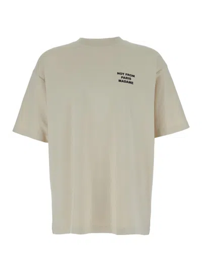 Shop Drôle De Monsieur Beige Crewneck T-shirt With Slogan Print On The Front And Back In Cotton Man