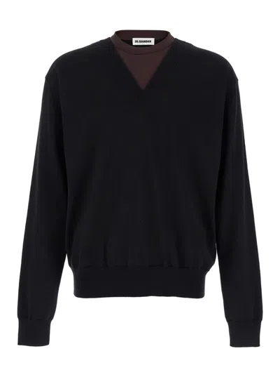 Jil Sander Black And Brown Double-neck Sweater In Wool Man In Black