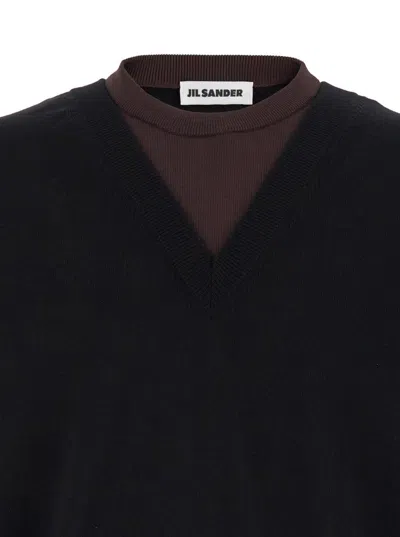 Jil Sander Black And Brown Double-neck Sweater In Wool Man In Black