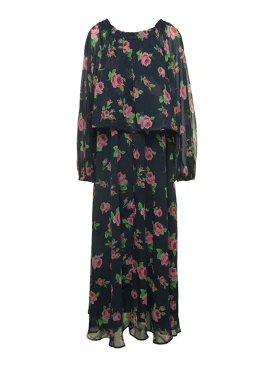 Rotate Birger Christensen Rotate Maxi Multicolor Dress With All-over Roses Print In Chiffon In Multicolor