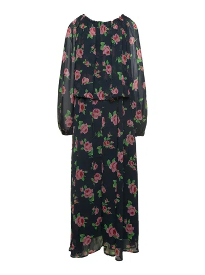 Rotate Birger Christensen Rotate Maxi Multicolor Dress With All-over Roses Print In Chiffon In Multicolor