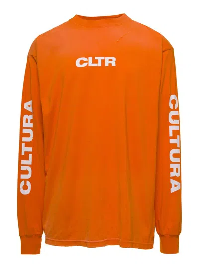 Shop Cultura Orange Crewneck Sweatshirt With Contrasting Cltr Print In Jersey Man