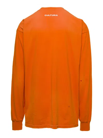 Shop Cultura Orange Crewneck Sweatshirt With Contrasting Cltr Print In Jersey Man