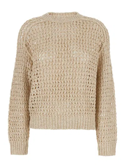 Shop Brunello Cucinelli Beige Sweater With Micro Sequins In Mesh Knit Woman In Grey