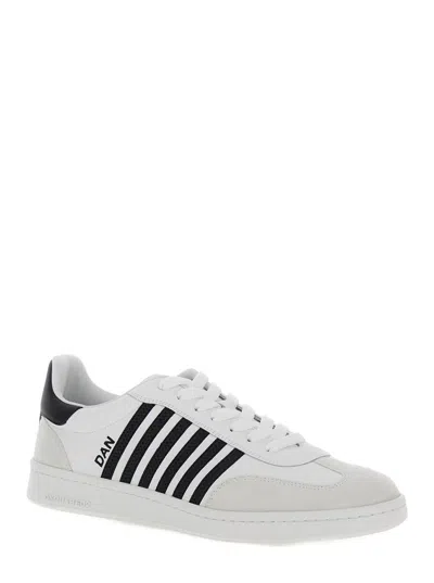 Shop Dsquared2 White And Black Low Top Sneakers With Contrasting Bands In Leather Man