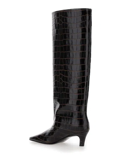 Shop Totême 'the Wide Shaft' Brown Pull-on Boots With Low Heel In Crocodile-embossed  Leather Woman