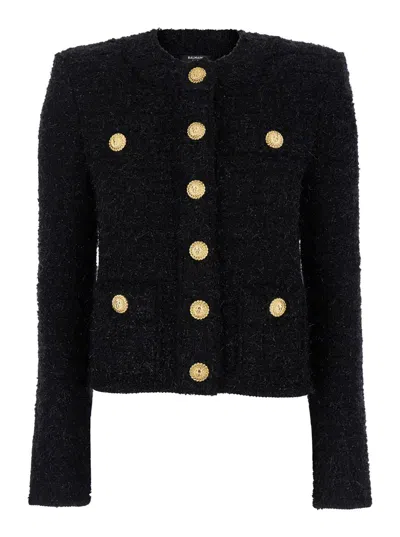 Shop Balmain 'miami' Black Collarless Jacket With Jewel Buttons In Tweed Woman