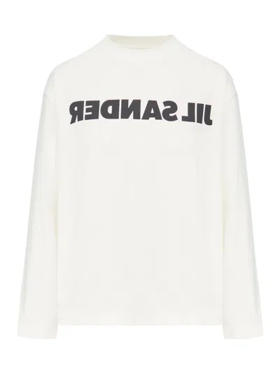 Jil Sander Crew Neck Long Sleeves T-shirt With Ribbed Collar And Printed Logo On The Front Clothing In Nude & Neutrals
