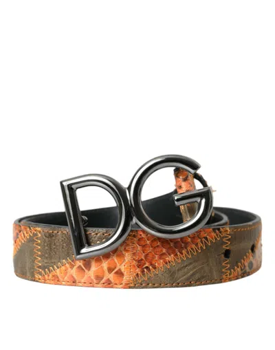 Shop Dolce & Gabbana Patchwork Python Leather Logo Buckle Belt Men