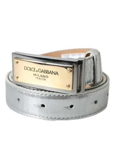 Shop Dolce & Gabbana Silver Leather Metal Logo Buckle Belt Men