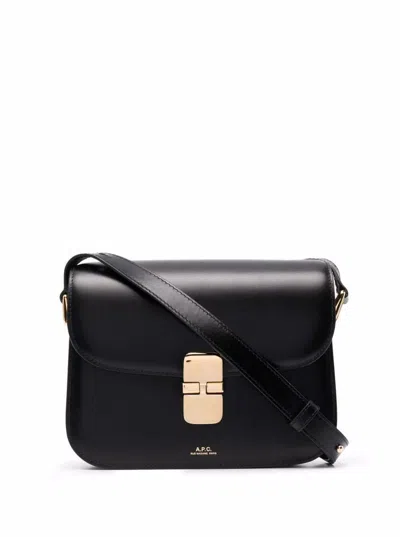 Shop Apc Black Bag In Genuine Leather With Gold Color Engraved Logo And Adjustable Shoulder Strap