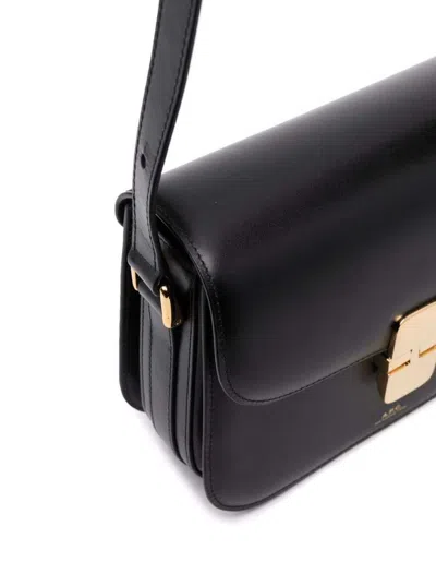 Shop Apc Black Bag In Genuine Leather With Gold Color Engraved Logo And Adjustable Shoulder Strap