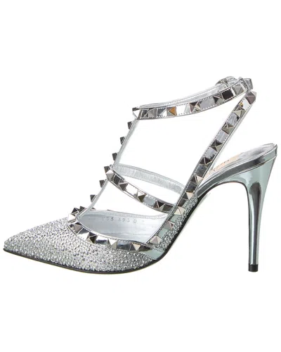 Shop Valentino Rockstud Ankle Strap Pumps In Silver