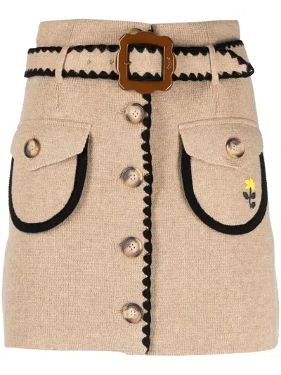 Shop Cormio Helga Belted Button-up Wool Skirt In Beige