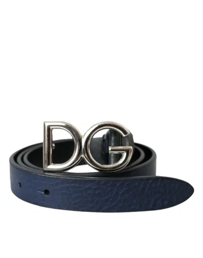Shop Dolce & Gabbana Blue Leather Silver Metal Logo Buckle Belt Men