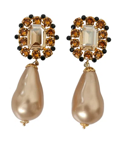 Shop Dolce & Gabbana Gold Brass Crystal Faux Pearl Clip On Dangling Earrings