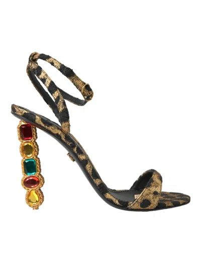 Shop Dolce & Gabbana Gold Leopard Crystals Heels Sandals Shoes