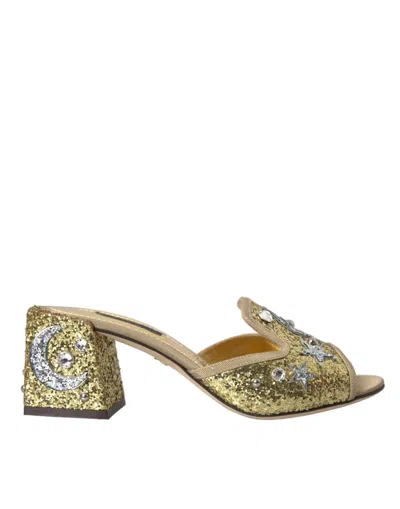 Shop Dolce & Gabbana Gold Sequin Leather Heels Sandals Shoes
