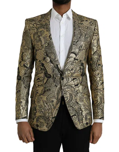 Dolce & Gabbana Gold Sicilia Jacquard Single Breasted Coat Blazer In Gold