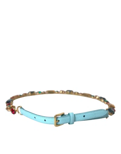 Shop Dolce & Gabbana Light Blue Leather Crystal Chain Waist Belt