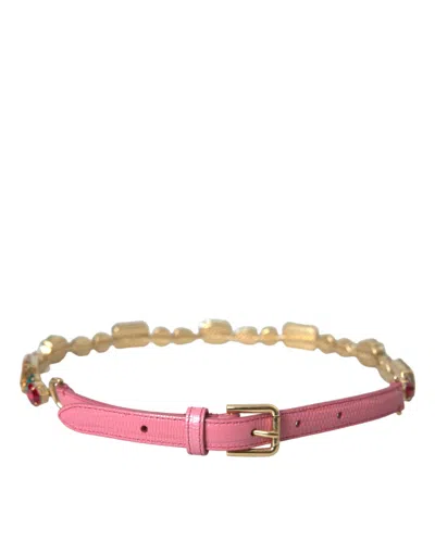 Shop Dolce & Gabbana Pink Leather Crystal Chain Embellished Belt
