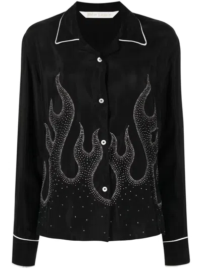 Palm Angels Flame-embroidered Shirt Crystal Embellishments In Black,silver