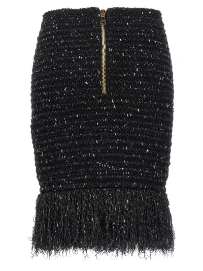 Shop Balmain Buttoned Fringed Tweed Short Skirt In Black