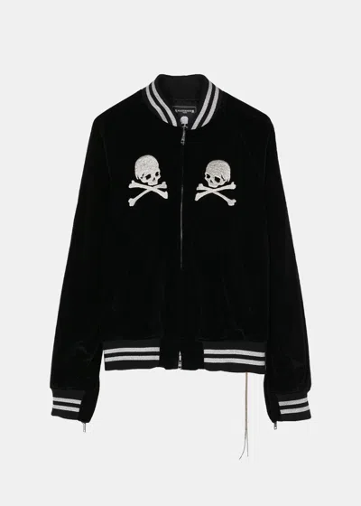 Shop Mastermind Japan Mastermind World Black Silk Velvet Varsity Jacket