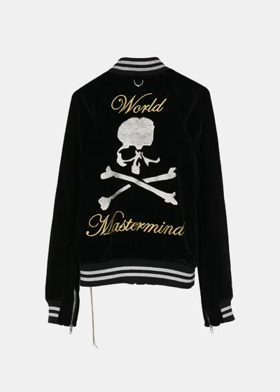 Shop Mastermind Japan Mastermind World Black Silk Velvet Varsity Jacket