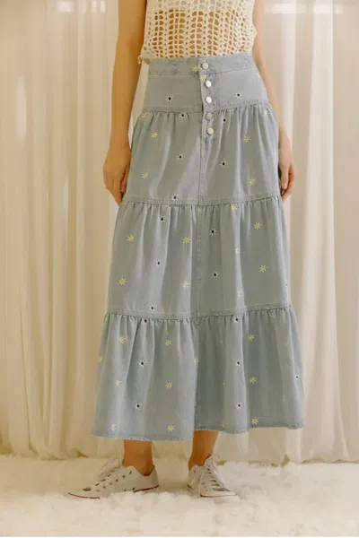 Shop Storia Women's Embroidered Daisy Denim Maxi Skirt In Blue