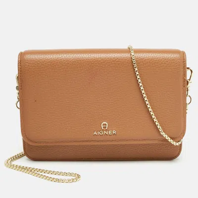 Shop Aigner Leather Chain Flap Bag In Brown