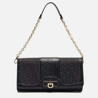 Shop Dkny Monogram Canvas And Leather Flap Chain Bag In Black