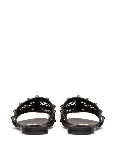 Shop Valentino Garavani "rockstud" Embellished Interwoven Slides In Black