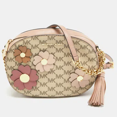 Shop Michael Kors Old Rose/beige Signature Coated Canvas And Leather Floral Applique Ginny Crossbody Bag In Pink