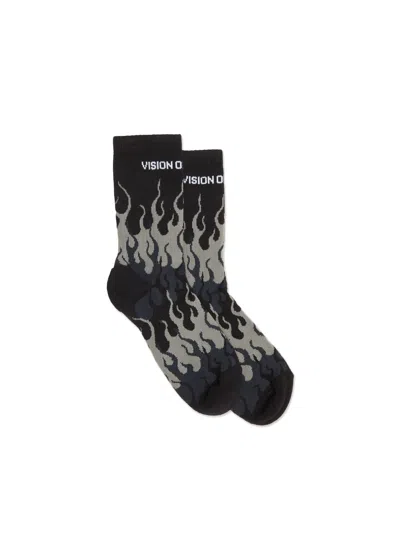 Shop Vision Of Super Black Socks With Grey Flames And White Logo