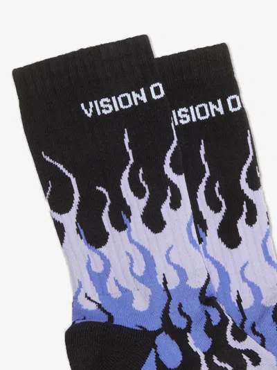 Shop Vision Of Super Black Socks With Purple Flames And White Logo