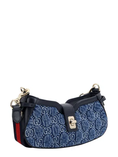Shop Gucci Denim And Leather Shoulder Bag With All-over Gg Motif