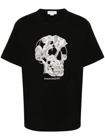 Shop Alexander Mcqueen Skull Embroidery T-shirt Clothing In Black