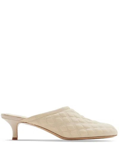 Shop Burberry Embroidered Quilted Mules In Beige