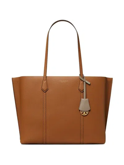 Shop Tory Burch Leather Logo-print Tote Bag In Brown