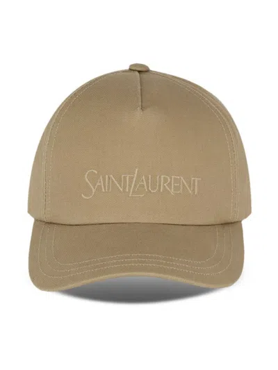 Shop Saint Laurent Logo-embroidered Gabardine-weave Cap In Beige
