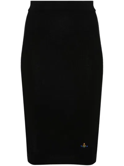Shop Vivienne Westwood Logo Wool Midi Pencil Skirt In Black