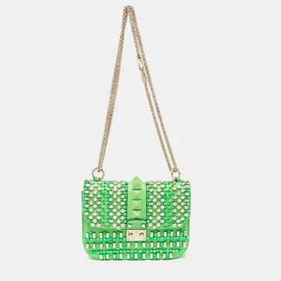 Shop Valentino Neon Leather Small Glam Lock Crystals Flap Bag In Green