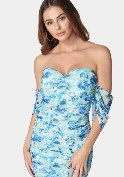 Bebe Off Shoulder Mesh Dress In Spring Shadows