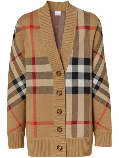 Shop Burberry Check Motif Wool Blend Cardigan In Beige