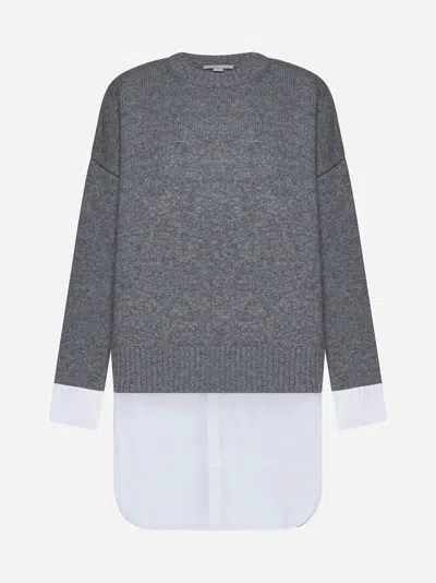 Shop Stella Mccartney Wool And Poplin 2-in-1 Sweater In Grey Melange,white