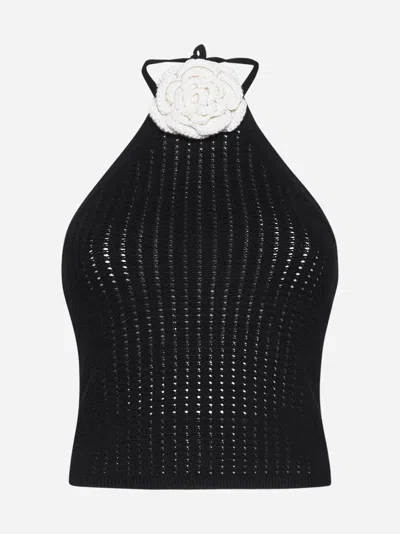 Shop Alice And Olivia Bessie Crochet Halter Top In Black,soft White
